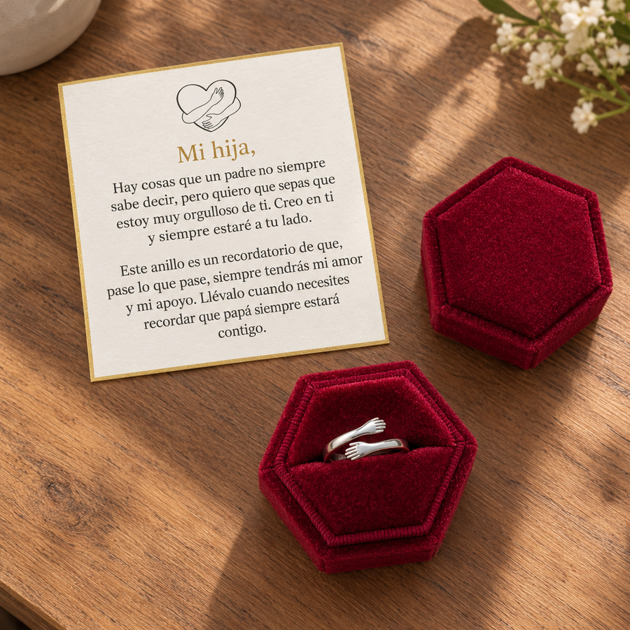 Anillo abrazo papá e hija en su caja regalo